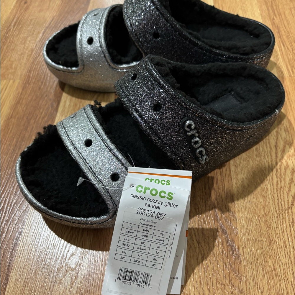 Crocs Kids Classic Cozzzy Glitter Sandals - Silver and Black